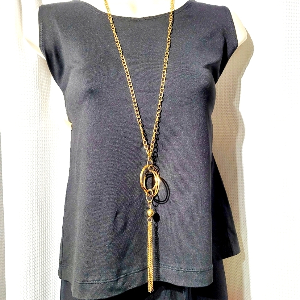 Long Gold tone Necklace with Entwined Rings & Tassel